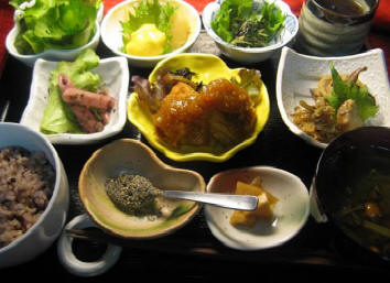 写真: 今日のヘルシーなセットから、「自然食穀菜食:マクロビオティック」1000円です。
今日のメインのおかずは、薄めのこうふうを幾層にも重ねてハーブや独自の醗酵調味料で下味をつけてパン粉揚げにしたもので、お肉の食感と旨みを植物性100%で再現して見ました。
こうふうとは、植物性たんぱく質100%から作られる肉もどきのもので厳格な自然食・穀物菜食・玄米菜食・マクロビオティックなどで良く使われるものです。
上にかけているソースは、その時々の気温や天気などを元に常に配合を変えて作っているオリジナルのソースです。